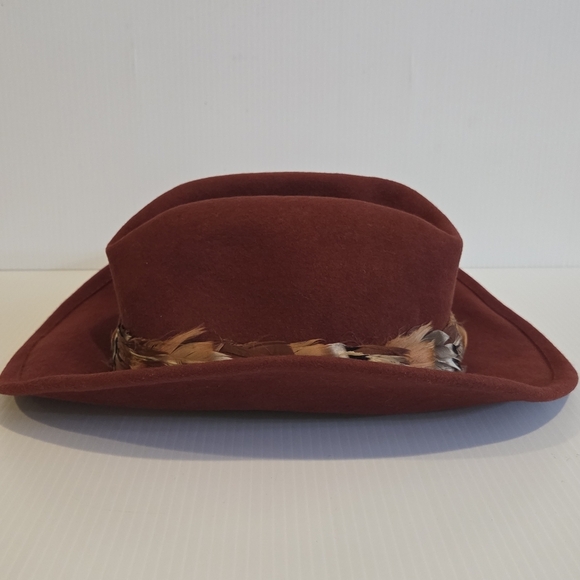 Betmar New York 100% Wool Hat Cowboy Fedora Style Red Rust Designer Feather Band - Picture 4 of 16